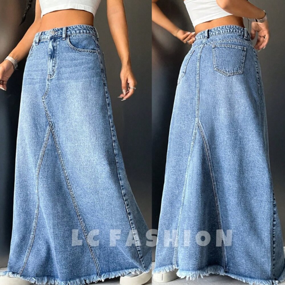 Denim Maxi Skirts, High Waist Raw Hem Maxi Denim Skirt, Boho Maxi Long Skirt